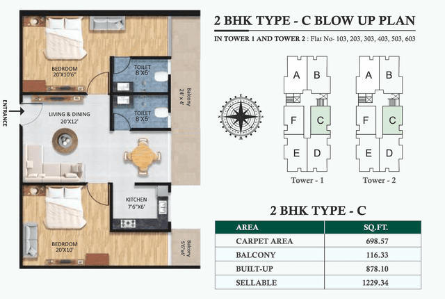 2 BHK Type C floor plan