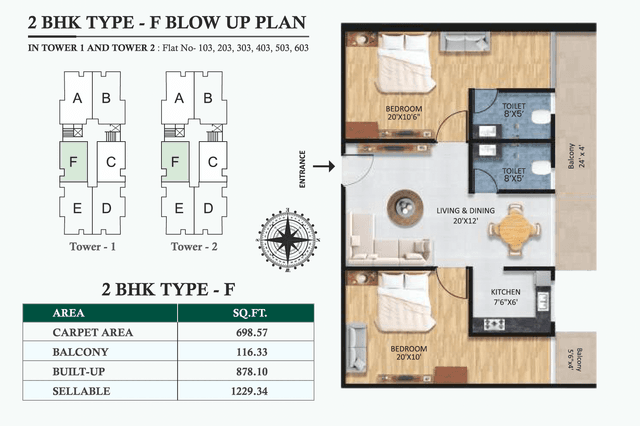 2 BHK Type F floor plan