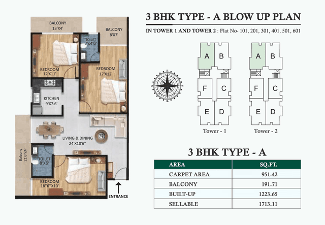 3 BHK Type A floor plan