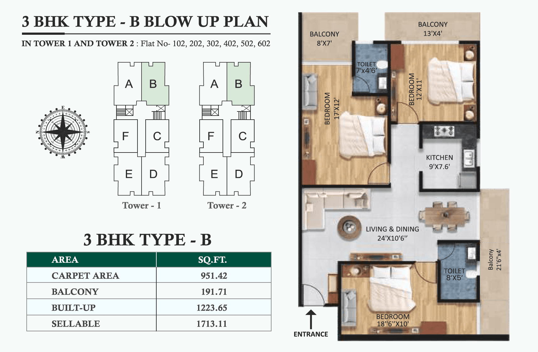 3 BHK Type B floor plan