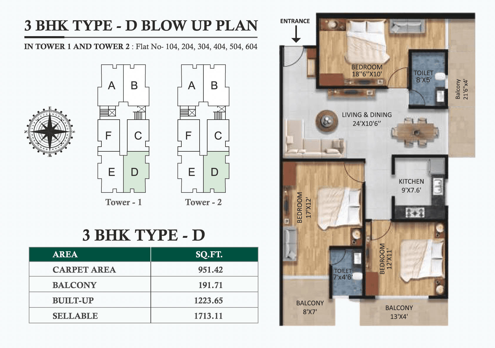3 BHK Type D floor plan