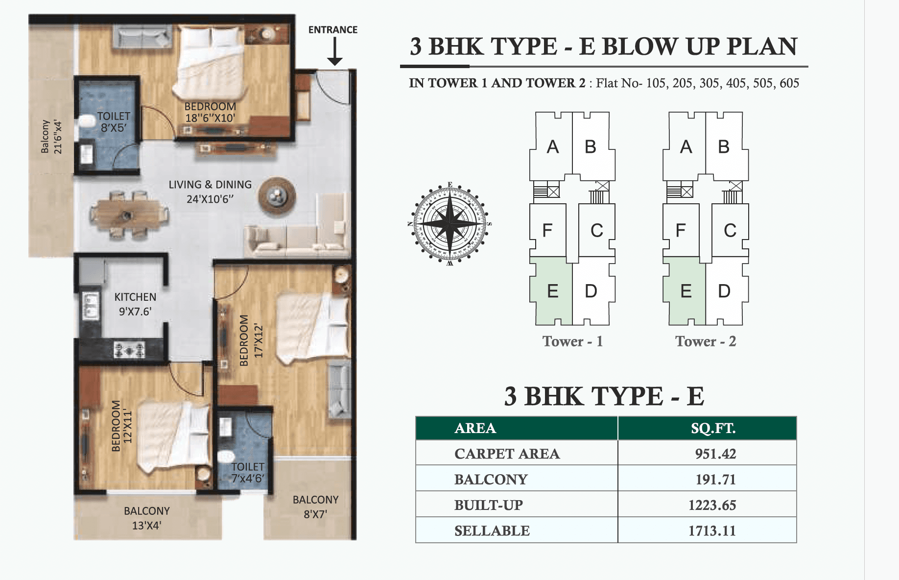 3 BHK Type E floor plan