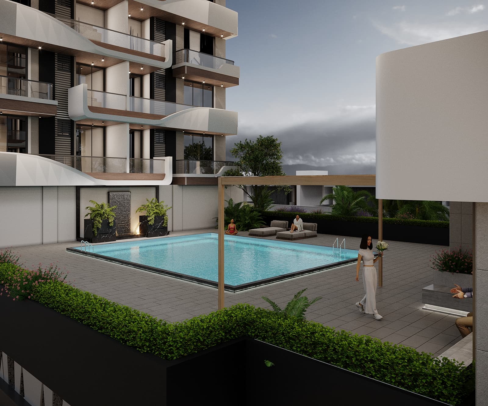 Rooftop swimming pool with residential towers view